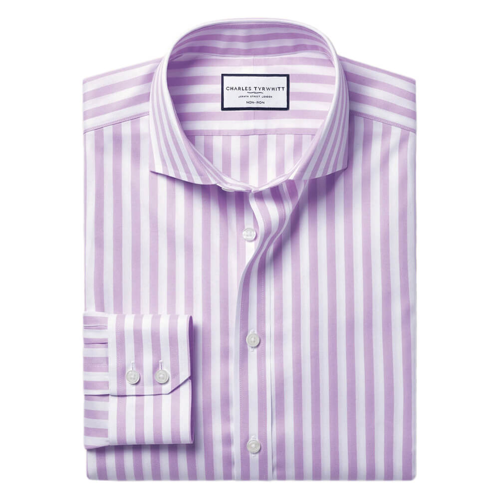 Charles Tyrwhitt Cutaway Collar Non-Iron Twill Wide Stripe Shirt - Slim Fit